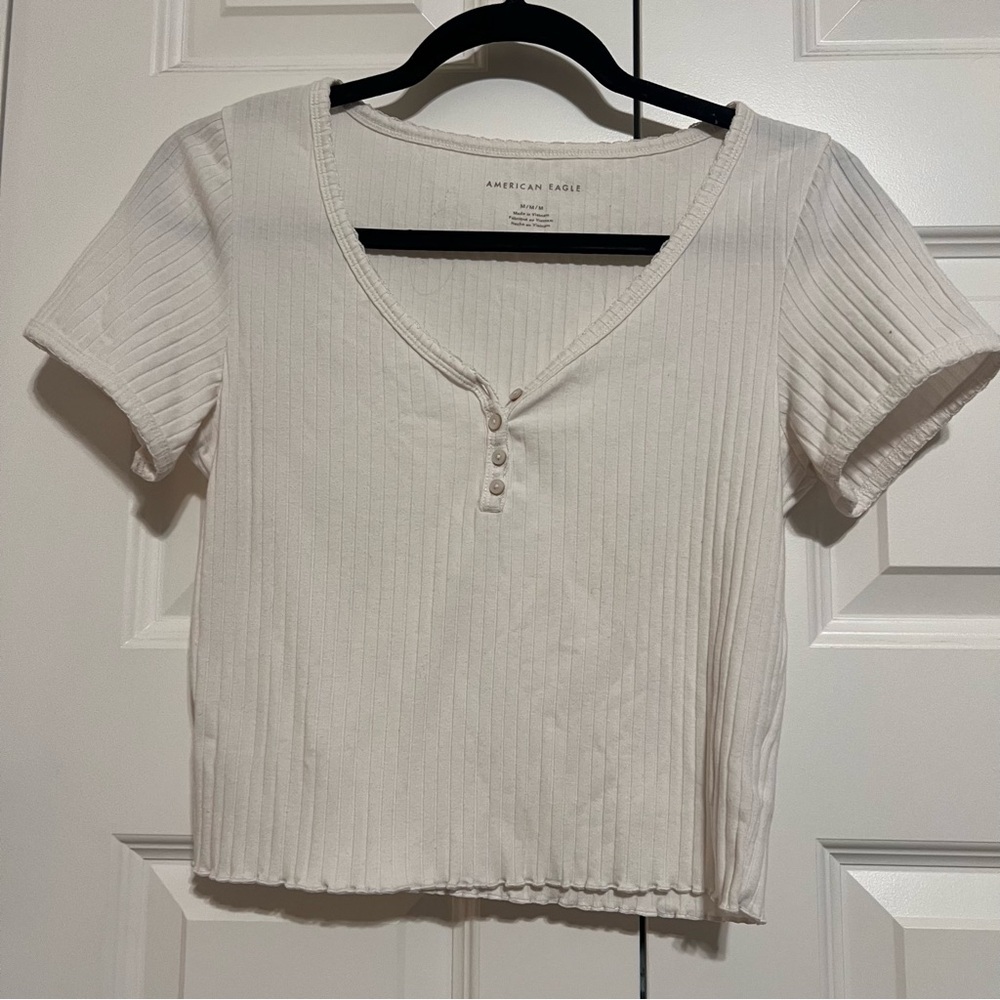 American Eagle Outfitters Women's White Ribbed Short Sleeve Crop Top